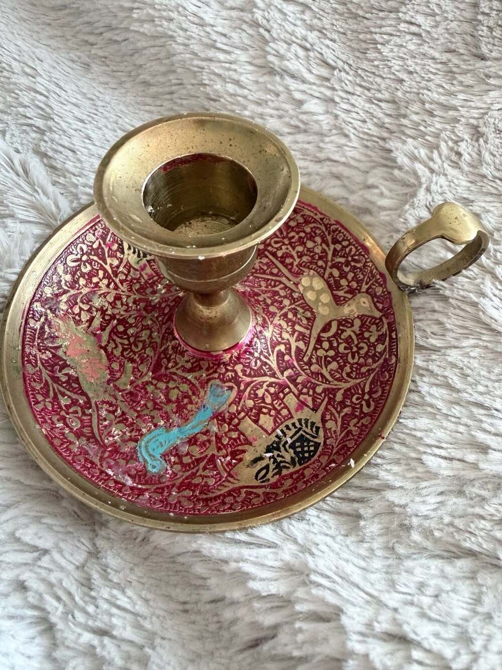 Vintage Brass Candlestick Holder, Red, Hand Painted, Made in India